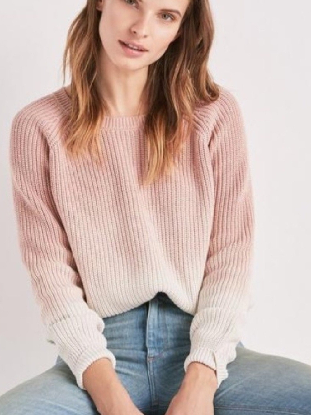 100% Cotton Lucky Brand Pink/Cream Dip Dyed Ombre Ribbed Crewneck Sweater Size S